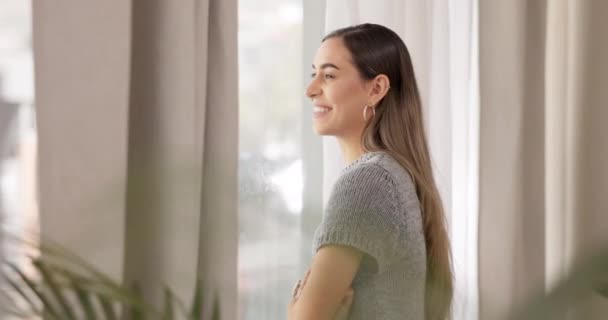 Fenêtre Rire Femme Pensant Tout Tenant Dans Une Nouvelle Maison — Video