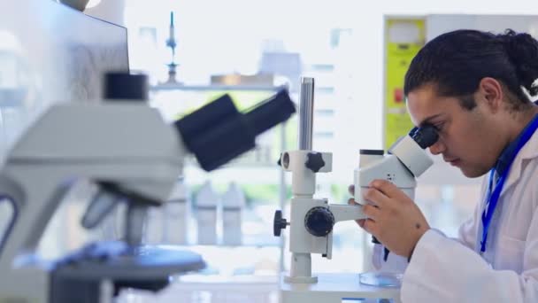 Naukowiec Mikroskop Laboratorium Badawcze Analizy Badania Kliniczne Farmaceutyczne Lub Pracy — Wideo stockowe