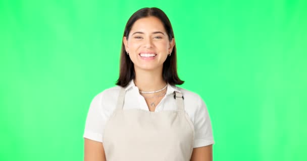Посміхайтеся Жіночий Робочий Портрет Зеленому Екрані Макетним Простором Фартухом Професійна — стокове відео