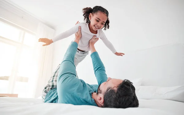 Fun Playing Dad Holding Child Bonding Pretending Fly Bedroom Happy — Stock Photo, Image