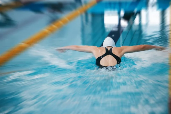 参加竞赛 锻炼或有氧运动的运动 背部或女子游泳池训练 水泡游泳者 蝴蝶或健康的女子 在水中运动时速度快 动力强 — 图库照片