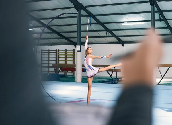 Ribbon dance, sport checklist and woman gymnast with fitness, performance art and training. Gymnastics, dancing and show of a gymnastic dancer in competition with sports workout judge writing.
