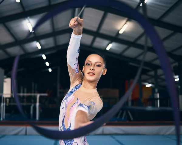 Ribbon Gymnastics Portrait Woman Action Dance Performance Sports Competition Female — Stock Photo, Image