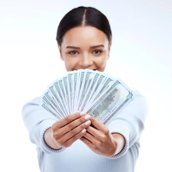 Dinheiro Dólar Retrato Estúdio Cara Mulher Com Vitória Loteria Sorteio — Fotografia de Stock