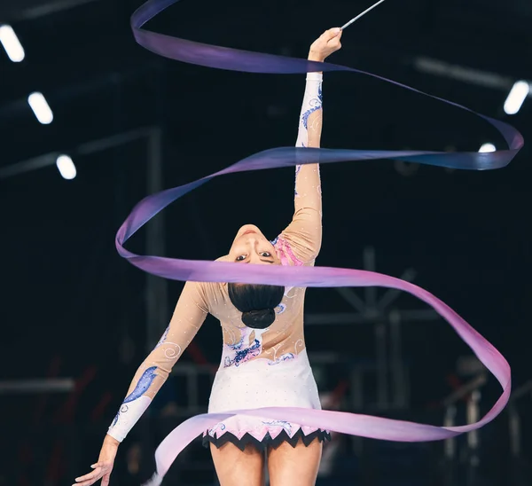 Ribbon Gymnastics Flexible Woman Dancing Performance Training Competition Back Female — Stock Photo, Image