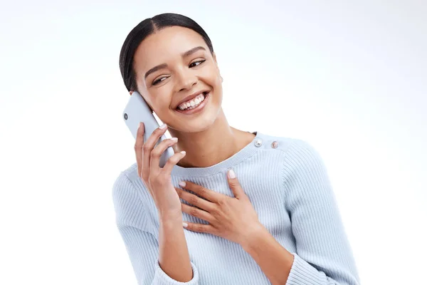Telefonní Hovor Komunikace Tvář Šťastná Žena Mluvit Propojení Mluvit Mobilním — Stock fotografie
