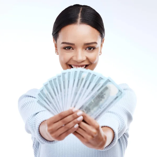 Dinheiro Dólar Retrato Cara Mulher Feliz Com Vitória Loteria Sorteio — Fotografia de Stock