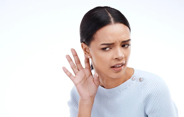 Listen Hear Woman Hand Ear White Background News Information Gossip — Stock Photo, Image
