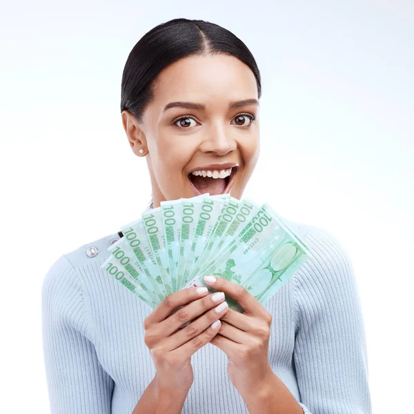 Retrato Dinheiro Rosto Mulher Animado Para Ganhar Loteria Sorteio Competição — Fotografia de Stock