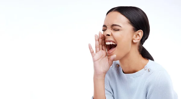 Woman Shouting Screaming Mockup Voice Anger Announcement White Studio Background — Stock Photo, Image