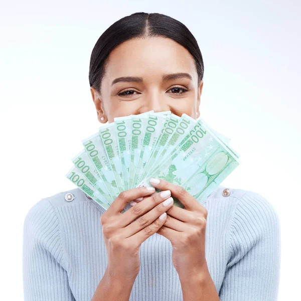 Dinheiro Mulher Cara Retrato Olhos Com Loteria Ganhar Sorteio Competição — Fotografia de Stock