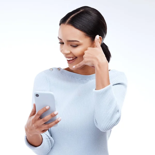 Telefoongesprek Teken Vrouw Geïsoleerd Een Witte Achtergrond Voor Netwerken Contact — Stockfoto