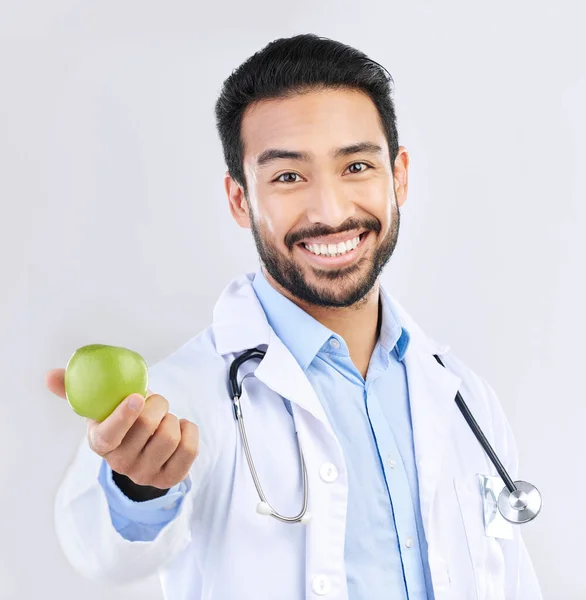 Doutor Homem Maçã Retrato Felizes Com Saúde Nutricionista Isolados Fundo — Fotografia de Stock