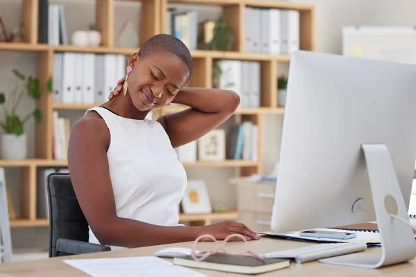 Stress, office or black woman with neck pain injury, fatigue or burnout in business or startup company. Posture problems, tired girl or injured female worker frustrated or stressed by muscle tension.