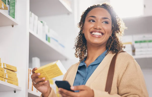 Pharmacy Product Phone Customer Woman Medicine Choice Health Insurance App — Stock Photo, Image