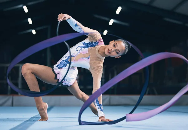 Ribbon Gymnastics Woman Dancer Performance Action Sports Competition Female Rhythmic — Stock Photo, Image