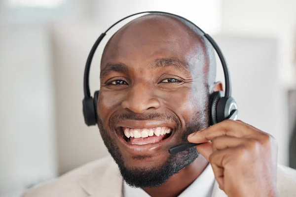 Callcenter Consultor Hombre Negro Crm Cara Felicidad Llamada Telefónica Contacto — Foto de Stock