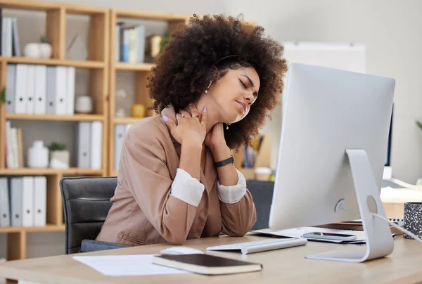 Stress, office or woman with neck pain injury, fatigue or bad posture in business or company desk. Burnout, tired girl or injured female worker frustrated or stressed by muscle tension or problem.