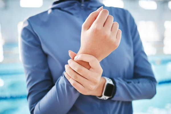 Hands, wrist pain or girl swimmer with injury after exercise, training or workout accident in practice. Closeup, sports athlete or woman with fibromyalgia, tendinitis or broken bone inflammation.