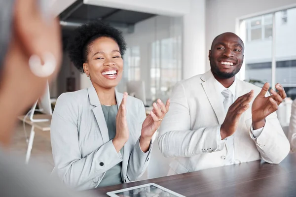 stock image Business people, applause and meeting in teamwork, collaboration or conference at the office. Happy employees clapping hands in congratulations for team success, support or promotion at the workplace.