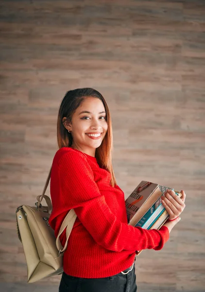 Portrait Books Education Student Woman Wooden Background Learning College University — Stock Photo, Image