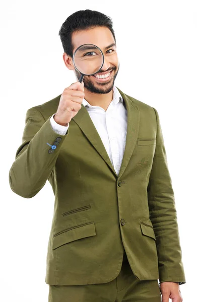 Retrato Investigador Homem Asiático Com Lupa Feliz Inspeção Qualidade Isolado — Fotografia de Stock