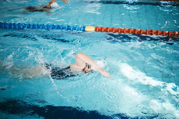 运动和人们在游泳池里游泳进行有氧运动 竞赛和训练 运动和运动员在水里的娱乐 业余爱好或运动及锻炼 — 图库照片