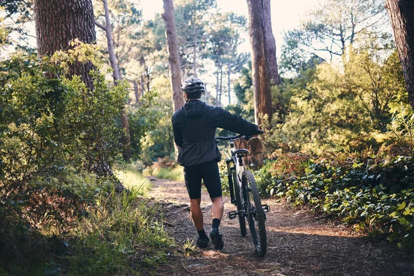 Nature, fitness and man cyclist with a bicycle for cardio training, health or wellness in the woods. Sports, cycle and male athlete walking with a bike outdoor in the forest to practice for a race