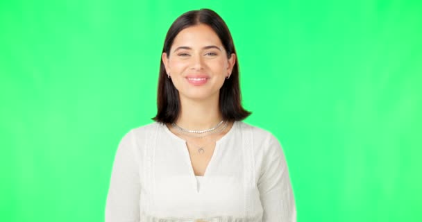 Sonrisa Mujer Cara Pantalla Verde Estudio Fondo Color Con Confianza — Vídeo de stock