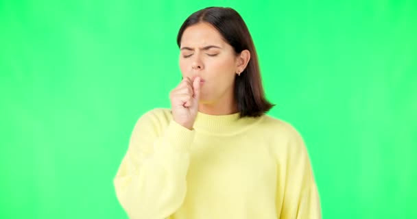 Больная Женщина Кашель Грипп Зеленом Экране Простуда Вирус Проблем Дыханием — стоковое видео