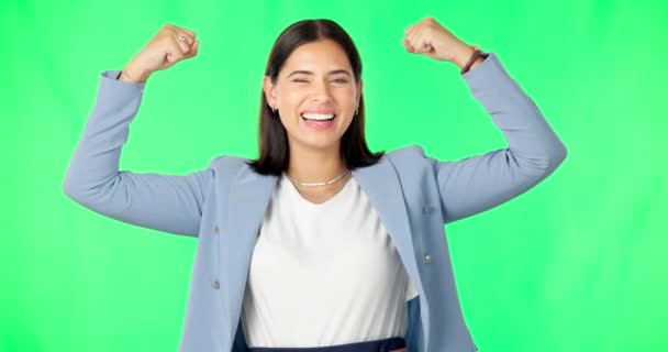 Mulher Negócios Músculos Fortes Tela Verde Com Sorriso Rosto Para — Vídeo de Stock