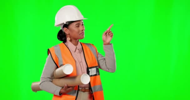 女性建設労働者のモックアップ 広告やプレゼンテーションのためのポイントと緑の画面 スタジオでの幸せな業界デザインのエンジニアリング担当者の計画 — ストック動画