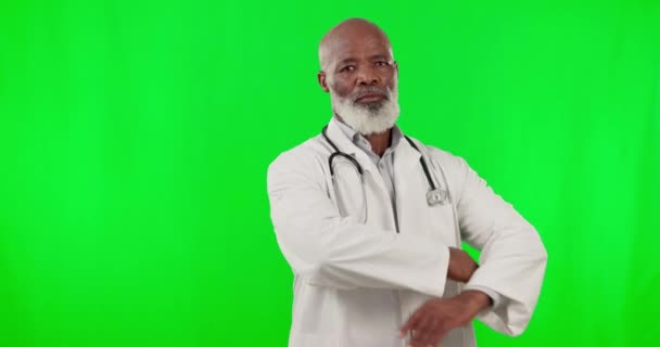 手臂交叉 医生和一个黑人的脸在一个绿色的屏幕上隔离在工作室的背景 一个非洲Gp严肃的 医疗保健的 形象的 对医疗护理非常严格的非洲Gp形象 — 图库视频影像
