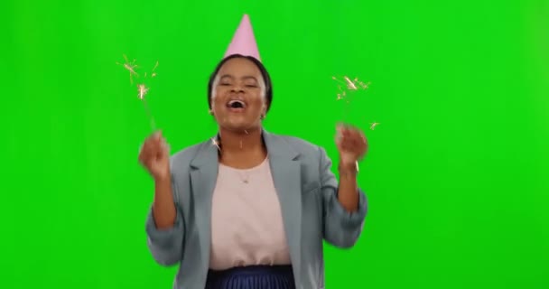 Πρόσωπο Πράσινη Οθόνη Και Μαύρη Γυναίκα Sparklers Γιορτή Και Ενθουσιασμένοι — Αρχείο Βίντεο
