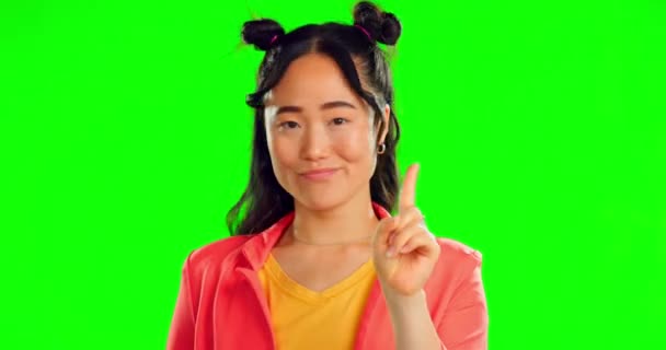 いいえ 指と警告 拒絶と意見のための緑のスクリーンスタジオでアジアの女性と停止します 危険性と不満を背景に 女性との否定的 深刻な意見の相違 — ストック動画