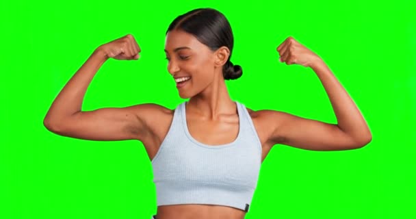 Zielony Ekran Twarz Szczęśliwa Kobieta Napinające Mięśnie Treningu Fitness Lub — Wideo stockowe