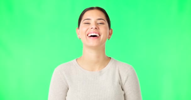 Pantalla Verde Cara Risa Mujer Con Sonrisa Felicidad Confianza Fondo — Vídeo de stock