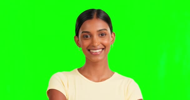 Πρόσωπο Πράσινη Οθόνη Χαρούμενη Γυναίκα Απομονωμένο Φόντο Φυσικό Μακιγιάζ Καλλυντικά — Αρχείο Βίντεο