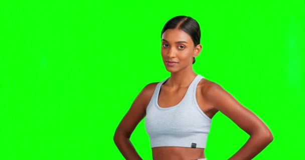 Tvář Šťastný Žena Fitness Zelené Obrazovce Rukama Bok Při Cvičení — Stock video