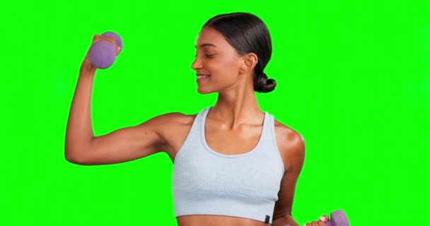 Zelená Obrazovka Obličej Šťastná Žena Činkami Pro Cvičení Fitness Nebo — Stock video
