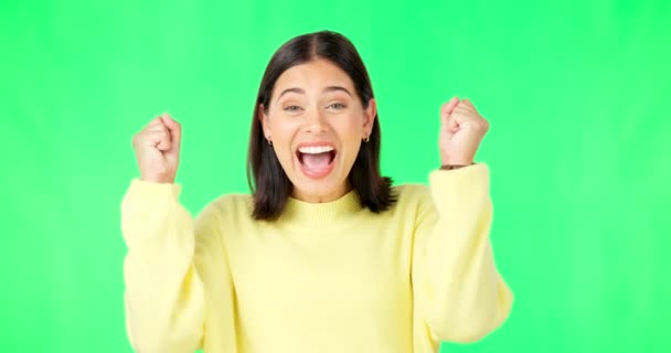 Happy Woman Celebration Pointing Green Screen Winning Success Promotion Studio — Stock Video