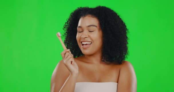 Mujer Con Sonrisa Pantalla Verde Cepillo Dientes Dental Salud Con — Vídeos de Stock