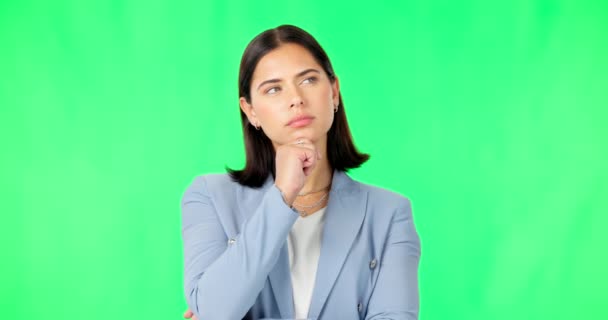 Gondolkodás Üzlet Zöld Képernyőn Ötletek Kérdések Ötletelés Női Modell Komoly — Stock videók