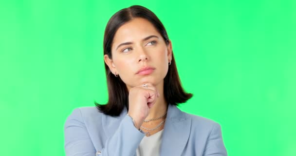 Üzleti Gondolkodás Zöld Képernyőn Ötletek Kérdések Feledje Stúdióban Női Modell — Stock videók