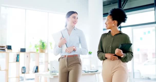 在办公室里为公司的计划 团队合作或协作而工作时 要有生意 快乐的女人和讨论 多样性 女雇员以及谈笑风生的谈话 策略和员工 — 图库视频影像