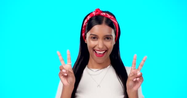 Face Peace Sign Indian Woman Smile Success Female Blue Studio — Stock Video