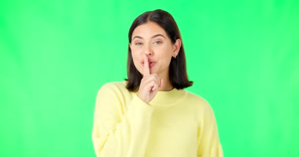 Πράσινη Οθόνη Χαρούμενο Πρόσωπο Και Μυστική Γυναίκα Δάχτυλο Στα Χείλη — Αρχείο Βίντεο