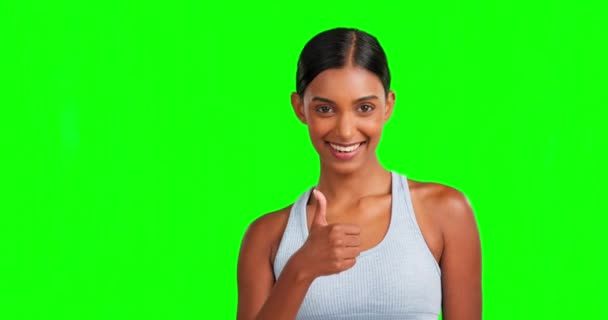Grön Skärm Ansikte Eller Glad Fitness Kvinna Med Tummen Upp — Stockvideo