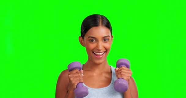 Groen Scherm Gezicht Vrolijke Vrouw Met Halters Voor Fitness Training — Stockvideo