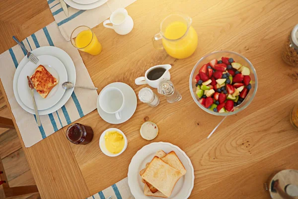 Bom Pequeno Almoço Óptimo Dia Tiro Ângulo Alto Uma Mesa — Fotografia de Stock